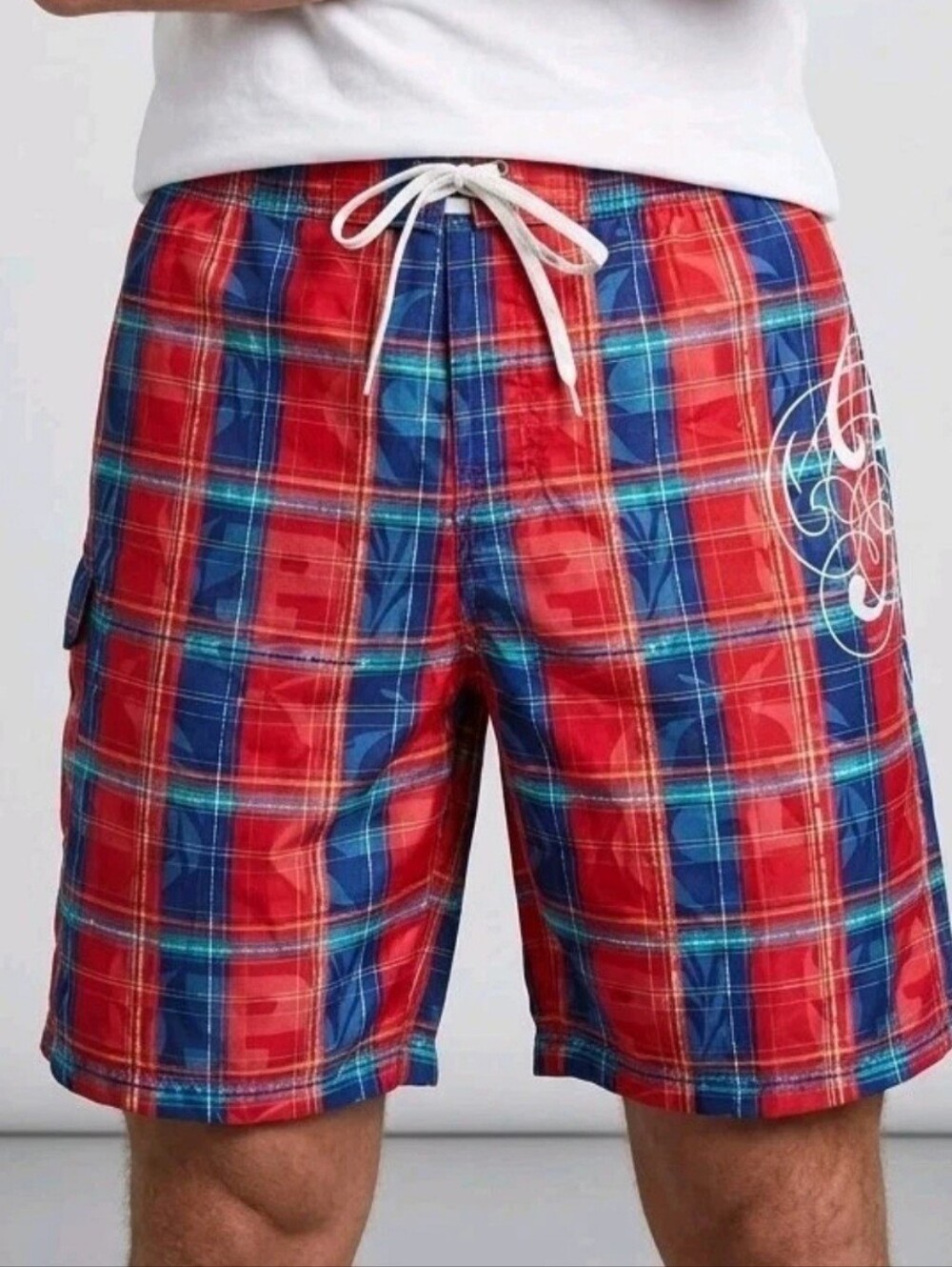 Phat Farm Swim Trunks Mens Large Red Blue Plaid Lined Board Hybrid Shorts